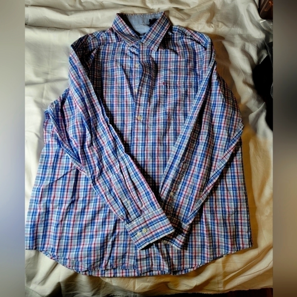 Mens Izod Button Down Size Lage Red White and Blue Plaid